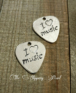 Guitar Pick Charm Guitar Pick Pendants Word Charms Quote Charms I Love Music Silver Guitar Pick Charms 4 pieces
