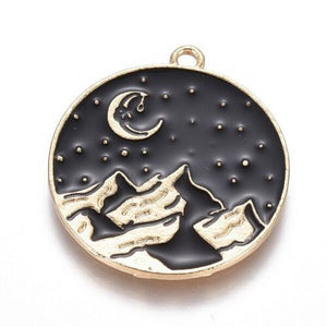 1 Enamel Mountain Charm Night Sky Gold Black Wanderlust Jewelry Supplies 26mm