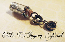 Load image into Gallery viewer, Glass Vial Pendant with Silver Glitter Finished Vial Pendant with Bronze and Rhinestone Embellishments Long Pendant