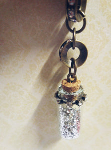 Glass Vial Pendant with Silver Glitter Finished Vial Pendant with Bronze and Rhinestone Embellishments Long Pendant