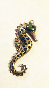 Large Seahorse Pendant Antiqued Bronze Seahorse Charm with Enamel 2 5/8" Large Focal Pendant Ocean Pendant Nautical