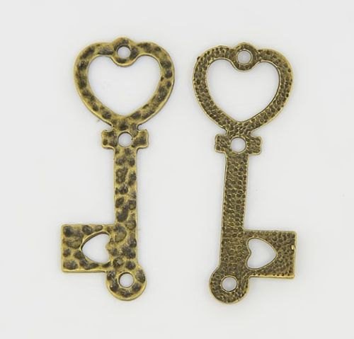 Skeleton Key Connector Pendants Links Antiqued Bronze Keys Heart Skeleton Keys Bracelet Connectors Key Links 40mm