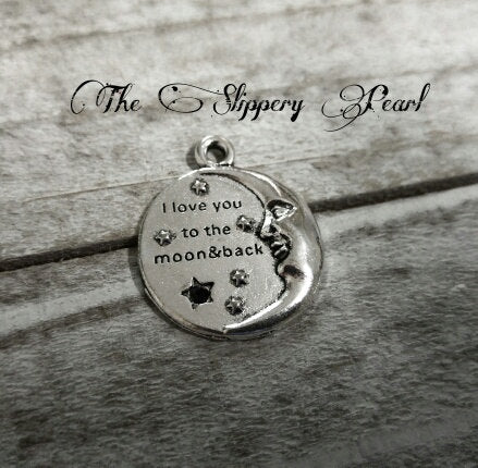 I Love You to the Moon and Back Charm Moon Pendant Antiqued Silver Quote Charm Word Charm Crescent Moon Charm Inspirational Charm BULK 20pcs