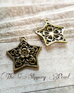 Star Charms Star Pendant Bronze Star Charms Bronze Charms Bronze Pendants Filigree Charms Ornate Star Charms 10 pieces