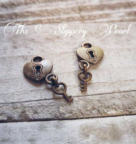 Heart Lock and Key Charms Dangle Charms Antiqued Bronze Vintage Style Heart Charms Pendants Steampunk Key to My Heart 4 pieces