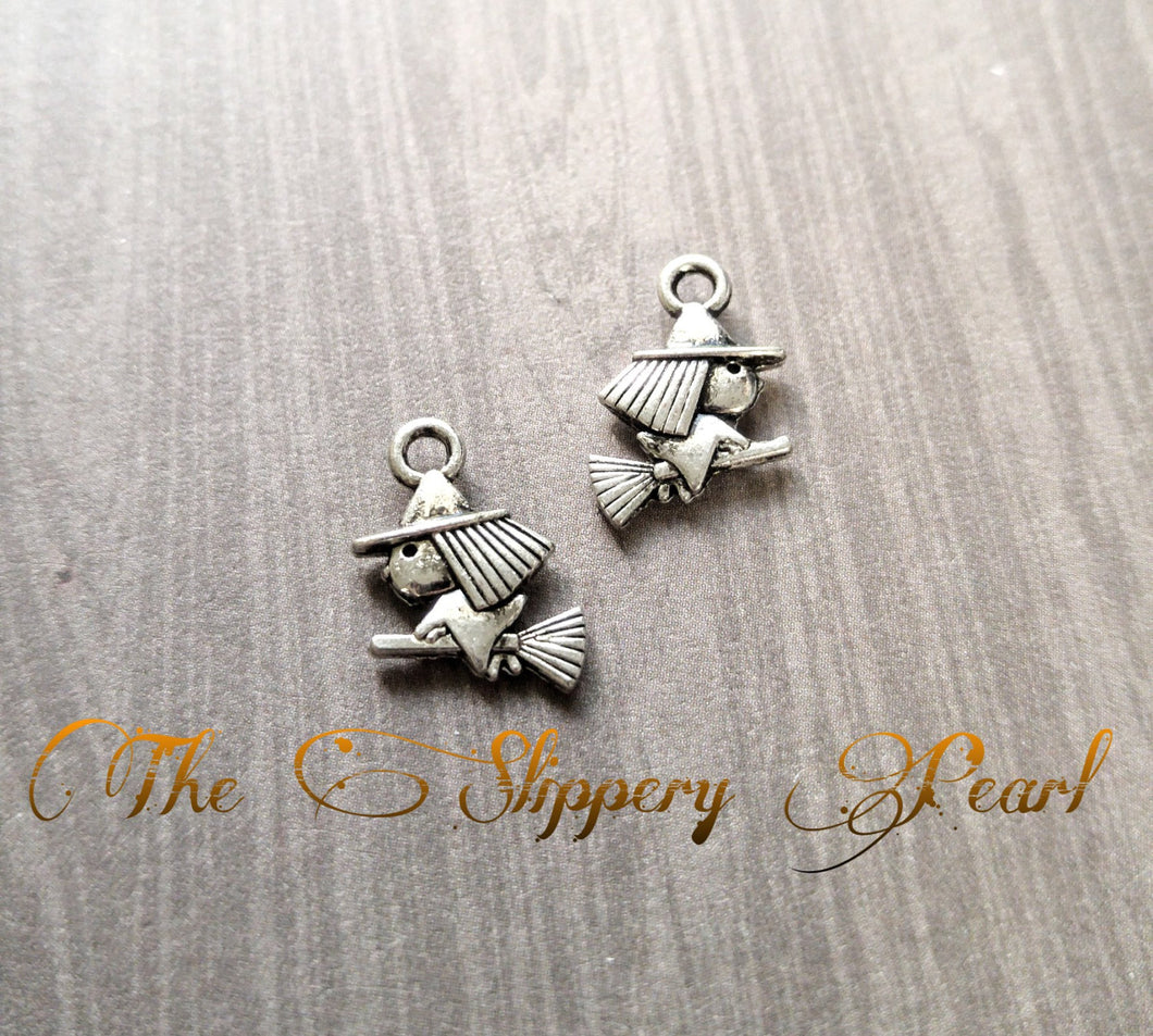 Witch Charms Antiqued Silver Witch Pendants Witch on a Broom Halloween Charms Cute Witch 10pcs