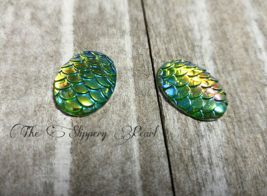 Mermaid Scale Cabochons 18x13 Green Gold Oval Cabochons Dragon Scale Cabochons Flat Back Embellishments 6 pieces