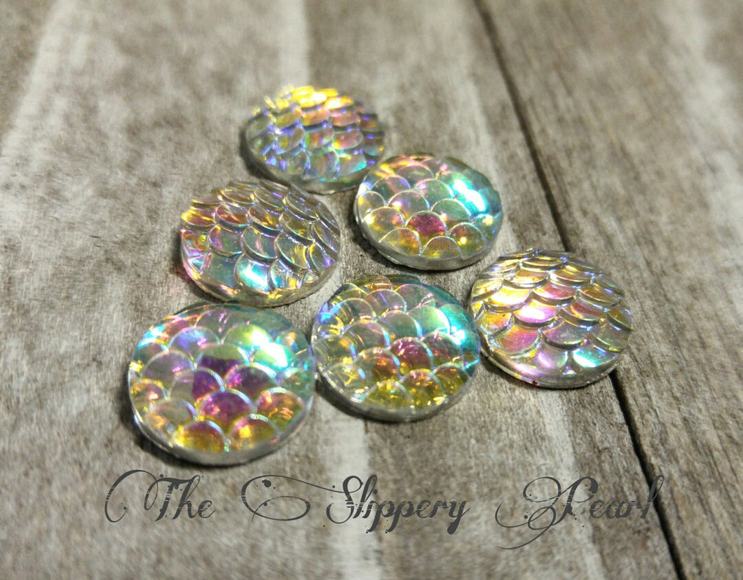 Mermaid Scale Cabochons 12mm Clear Round Cabochons Dragon Scale Cabochons Flat Back Embellishments 6 pieces