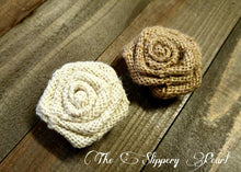 Load image into Gallery viewer, Burlap Roses Fabric Roses Large Burlap Roses Burlap Flowers English Roses Brown Burlap Rose Ivory Burlap Rose 1.75&quot;