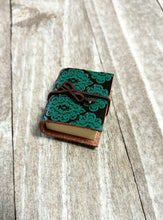 Load image into Gallery viewer, Miniature Book Charm REAL Pages Miniature Journal Pendant Teal Embossed Leather 1 3/8" PREORDER