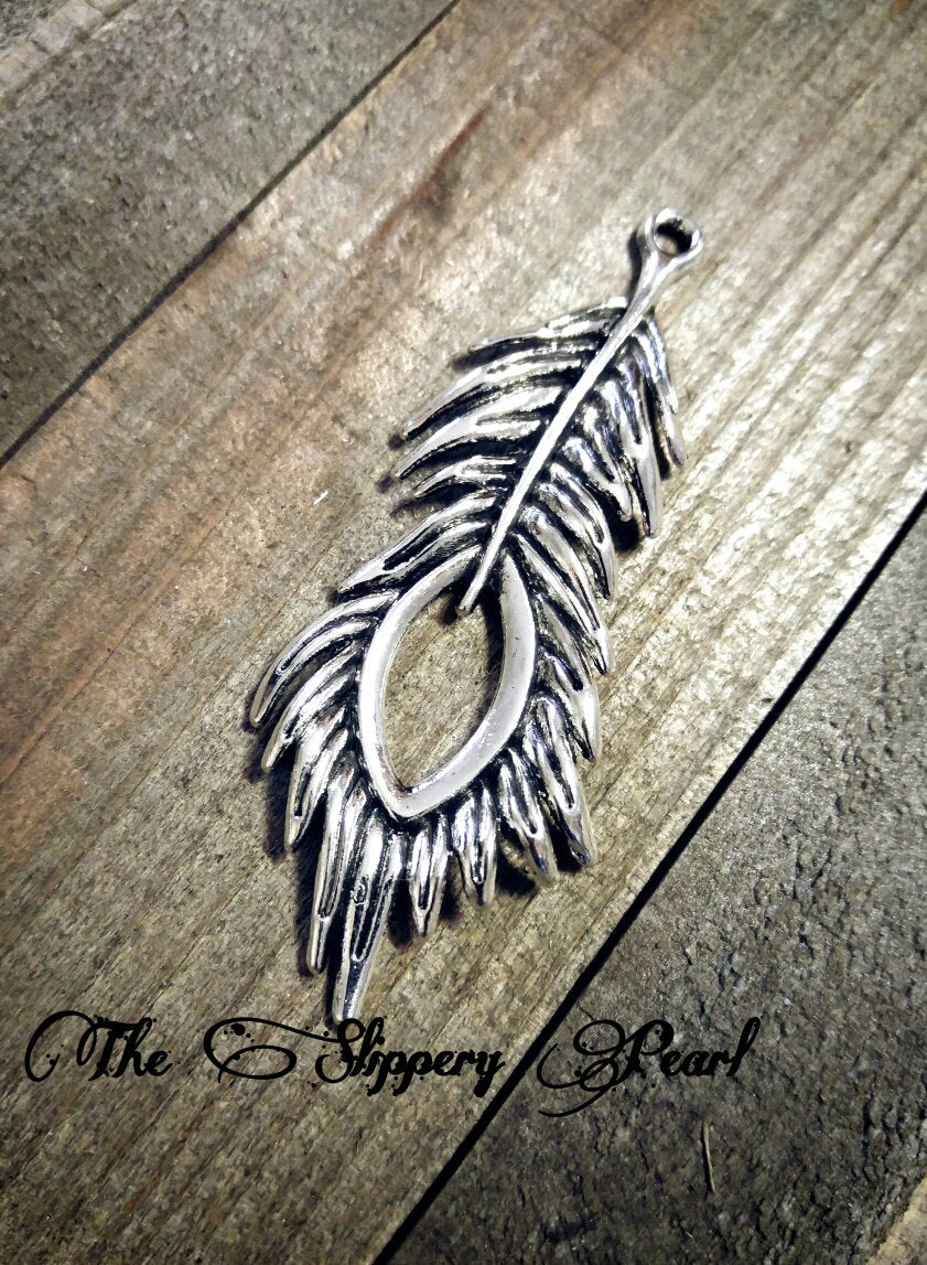 Silver Feather Charm Silver Feather Pendant Large Feather Pendant Peacock Feather Charm Antiqued Silver Feather Drop