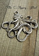 Load image into Gallery viewer, Large Octopus Pendant Octopus Charm Octopus Connector Pendant Large Focal Pendant Antiqued Silver Octopus Kraken Nautical Pendant 57mm