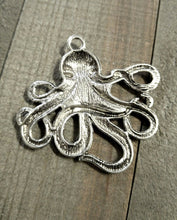 Load image into Gallery viewer, Large Octopus Pendant Octopus Charm Octopus Connector Pendant Large Focal Pendant Antiqued Silver Octopus Kraken Nautical Pendant 57mm