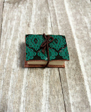 Load image into Gallery viewer, Miniature Book Charm REAL Pages Miniature Journal Pendant Teal Embossed Leather 1 3/8" PREORDER