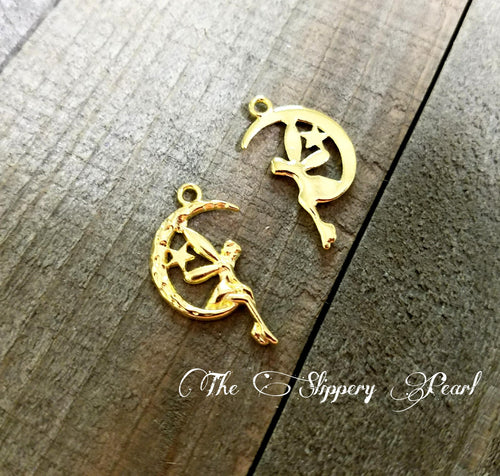 Fairy Charms Fairy Pendants Gold Fairy Charms Gold Charms Fairy Tale Charms Moon Charms Gold Moon Charms Fairy Moon Charms 6 pieces