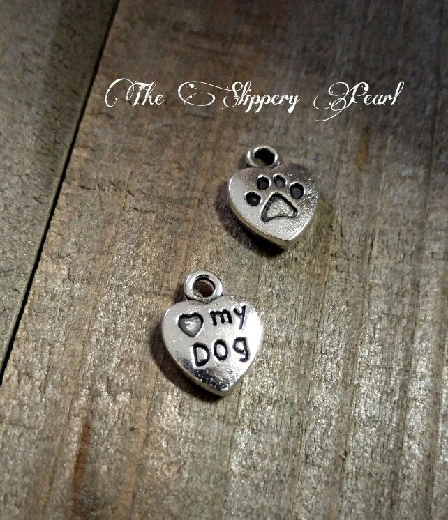Paw Print Charms Silver Dog Charms Paw Charms Paw Pendants Dog Lover Charms Pet Charm I Love My Dog 10 pieces