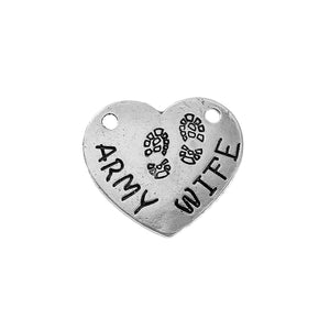Army Wife Charm Army Charm Army Wife Pendant Silver Heart Pendant Word Charm Pendant Connector Heart Link