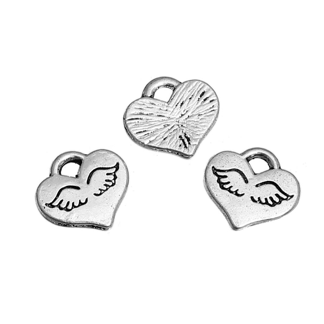 Heart Charms Angel Wing Charms Heart with Wings Silver Heart Charms Silver Wing Charms Angel Charms Heaven Charms 4 pieces