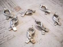 Load image into Gallery viewer, Awareness Charms Cancer Awareness Ribbon Charms Hope Charms Antiqued Silver Charms Fundraising Charms HOPE Pendants Bulk Charms 50 pieces