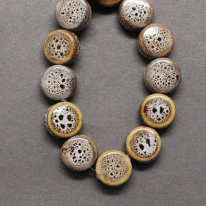 Porcelain Beads Glazed Porcelain Beads Brown Beads Flat Round Beads Flat Beads Glazed Beads Coin Beads 9mm Beads Wholesale Beads 10 pcs