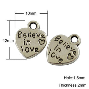 Silver Heart Charms Silver Charms Word Charms Quote Charms Believe in Love Charms Message Charms BULK Charms Wholesale Charms 200 pieces