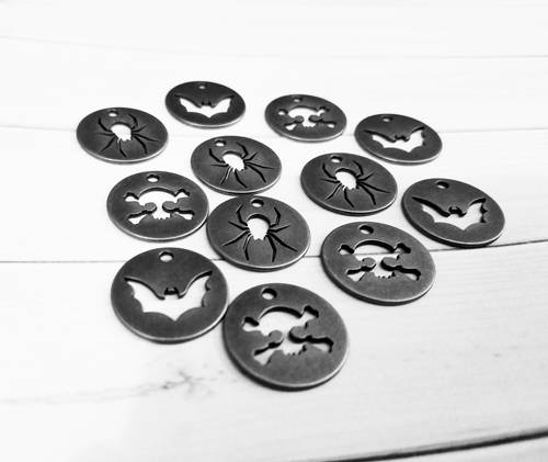 Halloween Charms Silver Charms Token Charms Tag Charms Bat Charms Spider Charms Skull Charms Halloween Tags Silver Pendants 12 pieces *