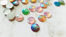 Load image into Gallery viewer, Mermaid Scale Cabochons 12mm Cabochons Assorted Lot Domed Flatbacks Round Cabochons Dragon Scale Cabochons Flat Back Embellishments 6 pieces