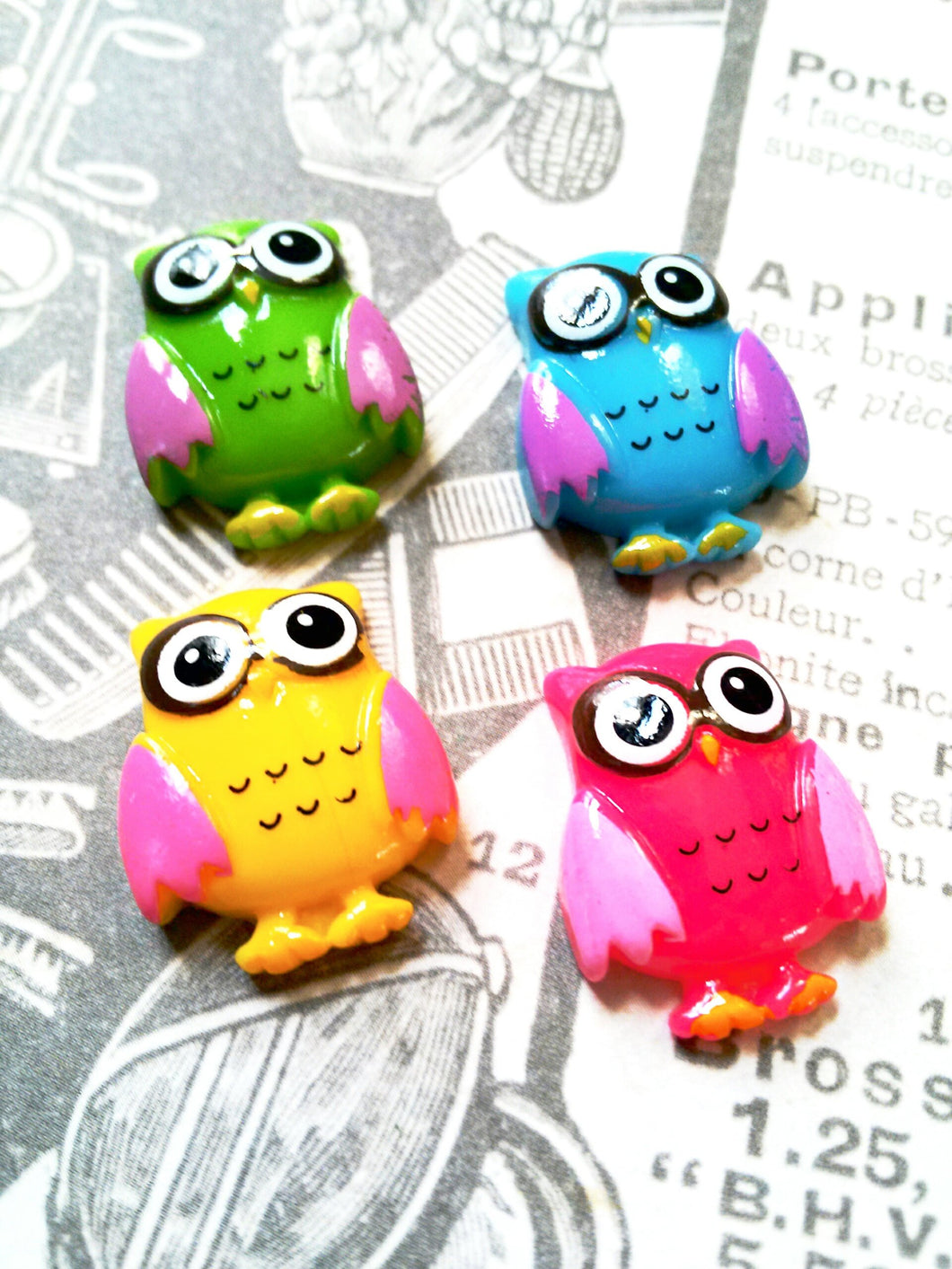 Owl Cabochons Flat Backs Assorted Cabochons Owl Embellishments Acrylic Cabochons Woodland Animal 4 pieces