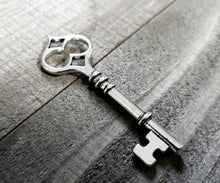 Load image into Gallery viewer, Large Skeleton Key Pendants Steampunk Supplies Antiqued Silver Charms 60mm Sold per pkg of 10