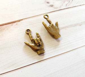 Sign Language Charms Sign Language Pendants I Love You Sign Antiqued Bronze Charms Hand Charms Love Sign 5 pieces