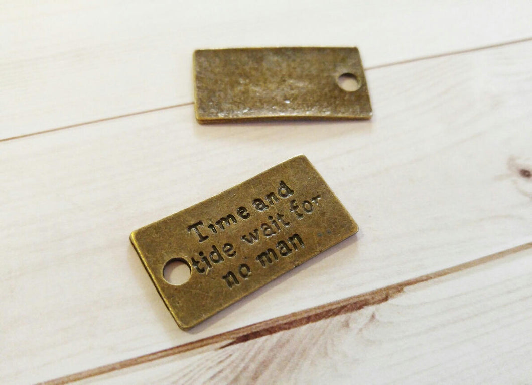 Word Charms Quote Pendants Ocean Charms Quote Charms Pendants Antiqued Bronze Time and Tide Wait for No Man 4pcs