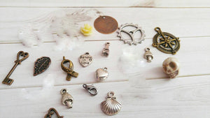 Jewelry Supplies Skeleton Keys Stamping Blank Pendants Flower Cabochon Silver Charms Bronze Charms Spacer Beads Skull Bead DESTASH 15pcs