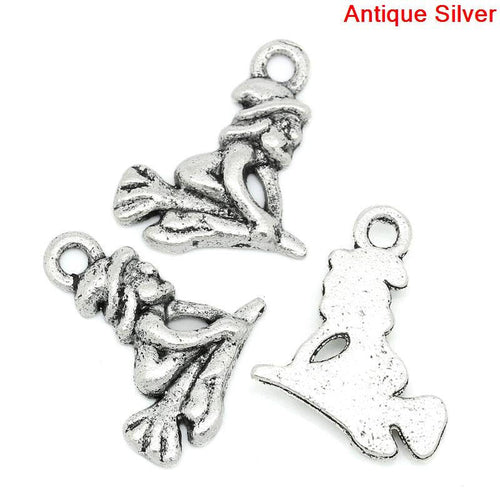 Witch Charms Antiqued Silver Witch Charms Halloween Charms Silver Witch Pendants Witch on a Broom 4 pieces