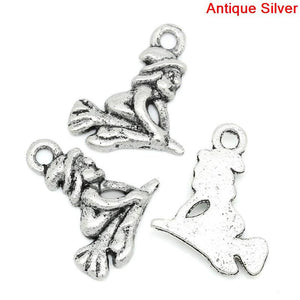 Witch Charms Antiqued Silver Witch Charms Halloween Charms Silver Witch Pendants Witch on a Broom 4 pieces