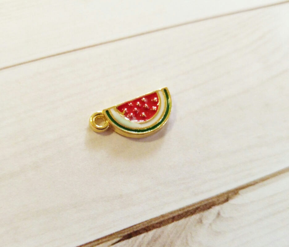 Watermelon Charm Fruit Charm Enamel Charm Gold Charm Red Watermelon Gold Pendant Enameled Charm Fruit Pendant