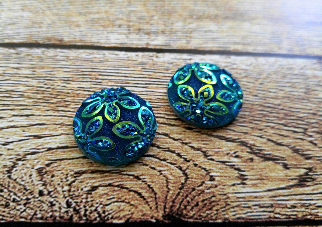 Round Cabochons 18mm Resin Cabochons Floral Flatbacks Circle Cabochons Teal Blue Green 2 pieces