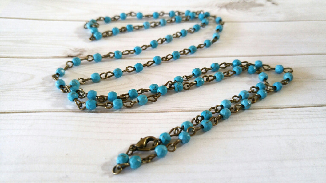 Beaded Chain Rosary Chain Linked Bead Chain Faceted Glass Beads Bronze Links Turquoise Beads Long Beaded Chain 30