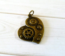 Load image into Gallery viewer, Steampunk Pendant Heart Pendant Gear Pendant Steampunk Charm Steampunk Heart Gear Heart Charm Antiqued Bronze Steampunk Gears Brass Ox 1&quot; PR