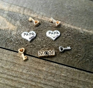 Floating Charms Locket Charms Assorted Charms Memory Locket Charms Heart Keys Mom Papa Heart 7pcs