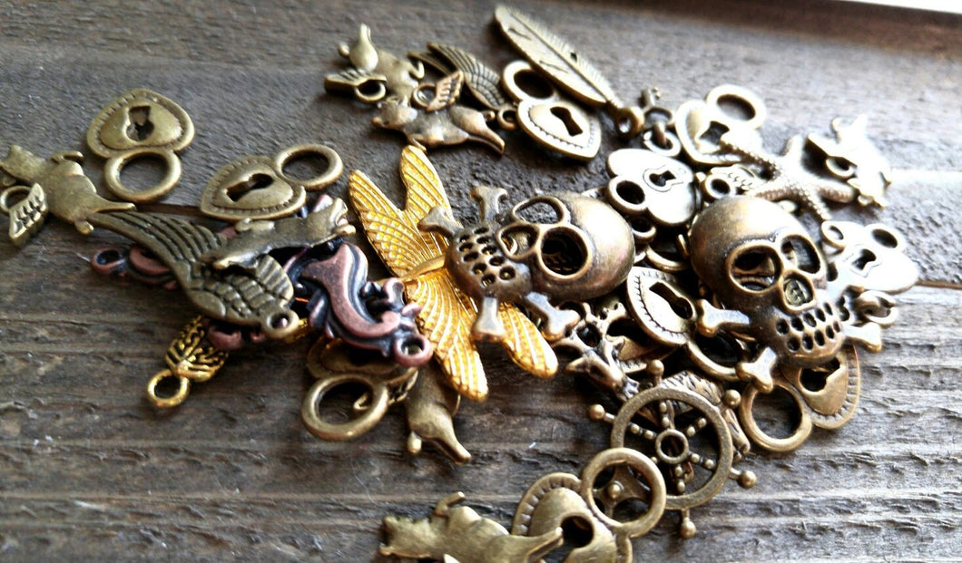 Assorted Charms Pendants Antiqued Bronze Copper Gold Charms Mixed Set DESTASH Lot BULK Charms 50 pieces