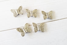 Load image into Gallery viewer, Butterfly Beads Silver Beads Spacer Beads Butterfly Spacers Silver Butterfly Spring Beads Metal Beads 10mm x 15mm 50pcs PREORDER