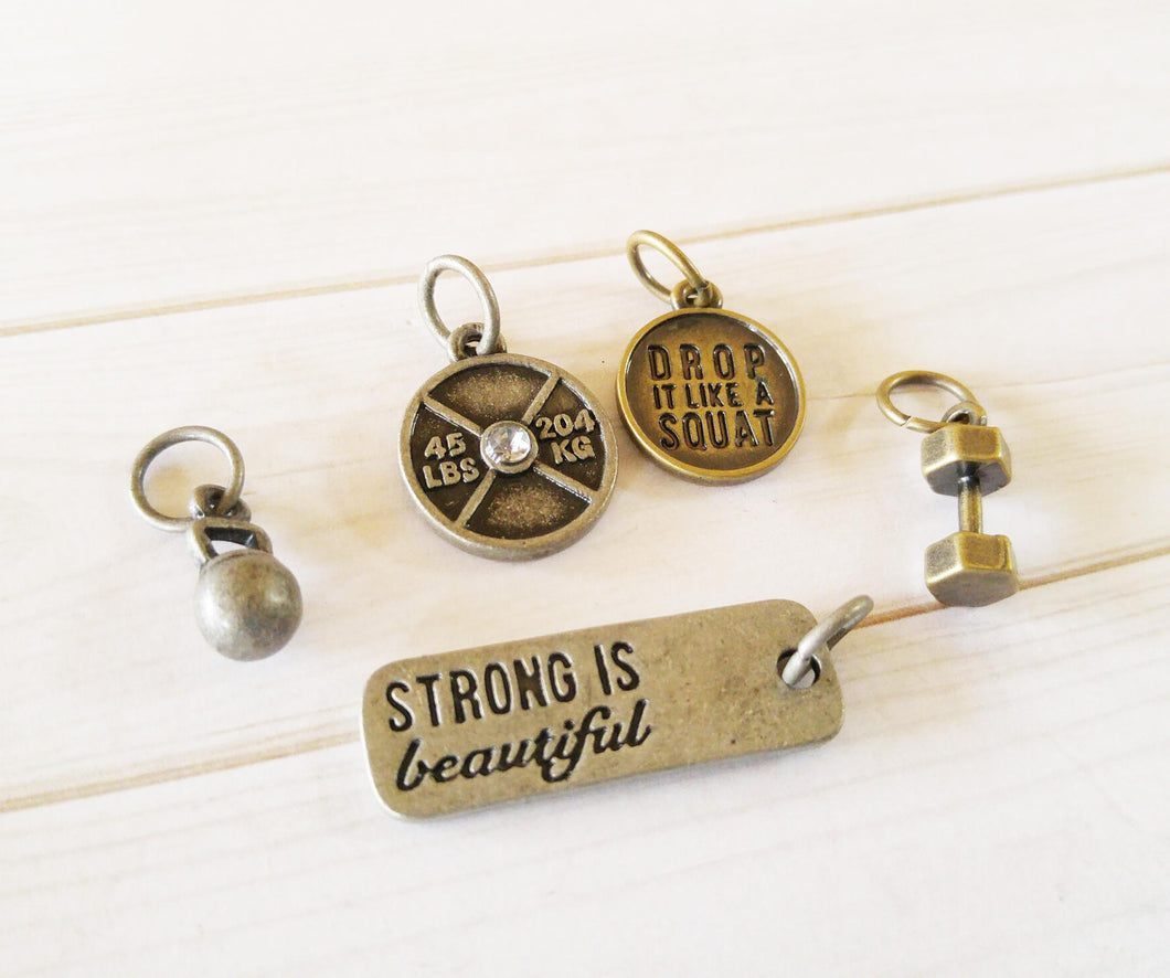 Workout Charms Gym Charms Antiqued Silver Antiqued Bronze Barbell Charm Weight Charm Quote Charms STRONG IS BEAUTIFUL Kettle Bell Charm Set
