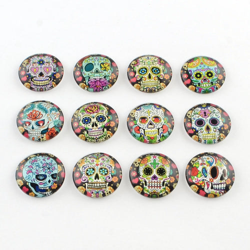 Glass Cabochons Circle Cabochons Sugar Skull Flat Backs Calavera Day of the Dead Assorted Mix 20mm Glass Domes Flatbacks 4pcs