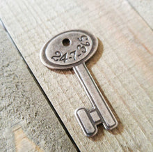 Load image into Gallery viewer, Silver Key Pendant Antiqued Silver Skeleton Key Charm Steampunk Key 24/7 Charm 2 Sided Silver Pendant