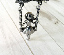 Load image into Gallery viewer, Swing Charm Movable Charm Dangle Charm Girl on a Swing Pendant Antiqued Silver Girl Pendant Tree Swing Charm