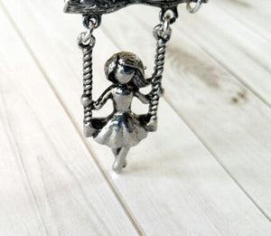 Swing Charm Movable Charm Dangle Charm Girl on a Swing Pendant Antiqued Silver Girl Pendant Tree Swing Charm