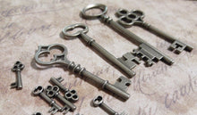 Load image into Gallery viewer, Key Charms Antiqued Silver Key Pendants Skeleton Keys Assorted Keys Steampunk Keys Big Keys 14pcs PREORDER