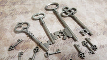 Load image into Gallery viewer, Key Charms Antiqued Silver Key Pendants Skeleton Keys Assorted Keys Steampunk Keys Big Keys 14pcs PREORDER