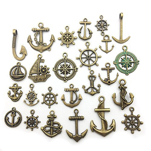 Nautical Charms Antiqued Bronze Anchor Charms Compass Charms Ship Charms Ocean Pendants Sailing Charms Assorted Charms Set BULK 50pcs