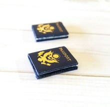 Load image into Gallery viewer, Passport Charms Miniature Book Charms REAL Pages Miniature Charms Travel Charms Tiny Book Charms 2 pieces PREORDER